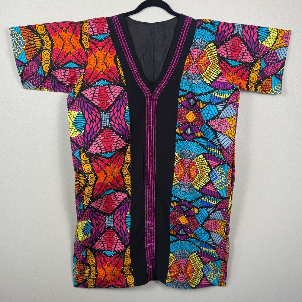 Handmade Colorful Abstract Print Dress Womens Large Artisan Festival Dopamine